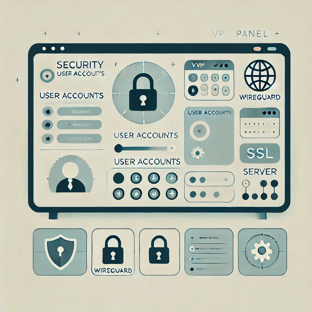 DALL·E 2024-11-10 03.12.51 - A minimalist illustration of a VPN panel interface with simple icons representing security, user accounts, and server control. The image should be cle.webp